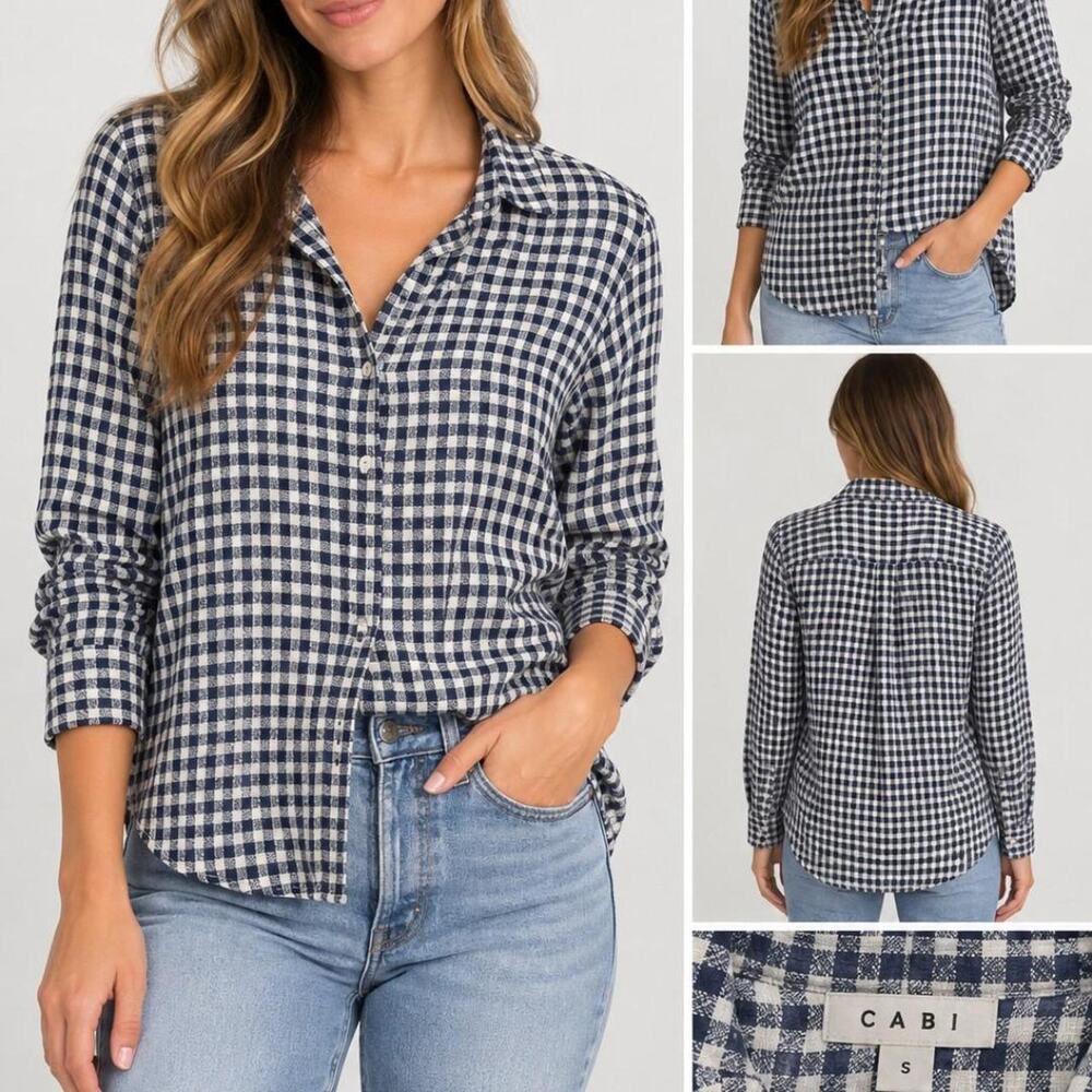 Cabi navy & white checkered button-up shirt